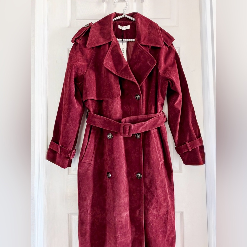 Commense Belted Double-Breasted Suede Effect Long Trench Coat - Picture 4 of 16